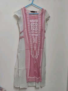 Pink & White Embroidered Kurta