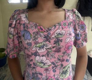 Pink Floral Print Puff Sleeve Mini Dress