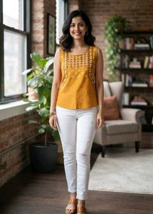 Mustard Yellow Embroidered Sleeveless Top