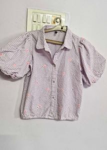 Gingham Puff Sleeve Button-Up Shirt