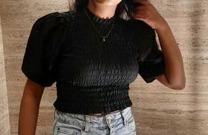 Chic Black Smocked Puff Sleeve Top