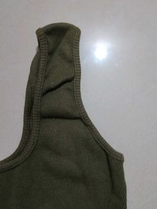 Trendy Olive Ribbed Square Neck Crop Top