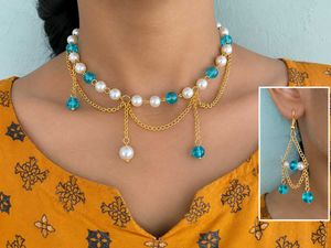 Handmade Pearl &amp; Turquoise Crystal Necklace Earrin