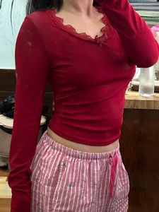 Red Long Sleeve Lace Trim Top