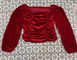 Red Velvet Ruched Square Neck Top