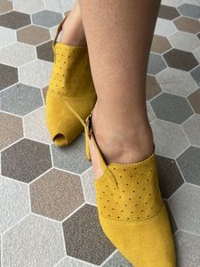Yellow Suede Peep-Toe Heels