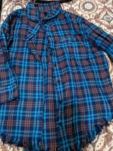 Blue Plaid Frayed Hem Shirt