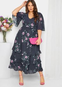 Indigo blue Floral Ruffle hem Midi Dress