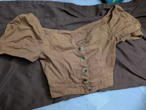 Chic Brown Puff Sleeve Button Top
