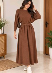 Brown Ribbed Knit Midi Dress