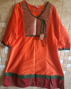 Orange Kurta with Brocade Neckline