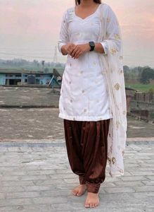 Elegant White Kurta Set with Brown Salwar