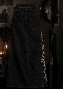 korean midi black skirt with cybersigilism art