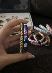 Elegant Clover Charm Bracelet &amp; Blue Enamel Bangle