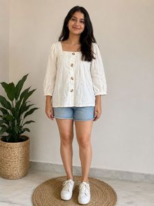 Cream Square Neck Button-Up Top