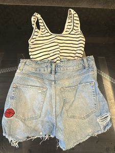 Striped Tank Top &amp; Distressed Denim Shorts