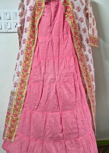 Pink Kurta Set with Printed Jacket