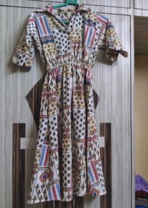 *White Printed Cotton Collar Long Dress For Women*