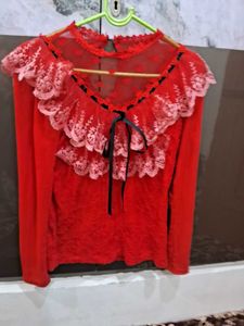 Chic Red Lace Trimmed Long Sleeve Top