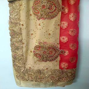 Elegant Ethnic Gold Red Saree with Intricate Det