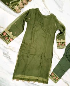 Pakistani Designer Olive Embroidered Kurta S