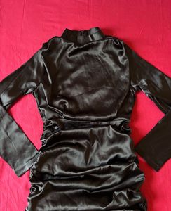 Black Satin Ruched Partywear Mini Dress