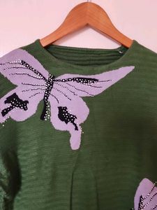 Green Butterfly Embellished Sweater