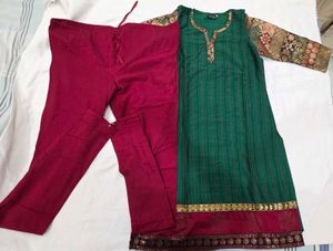 Elegant Green Kurta Set with Maroon Pants