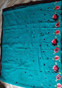 Elegant Teal Saree with Floral Embroidery