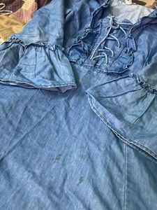Denim Ruffled Lace-Up Dress