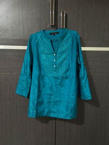 Teal Blue Embroidered Kurti for Women