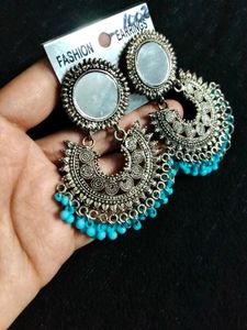 Oxidized Mirror Jhumka Earrings with Blue Beads