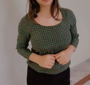 Green Geometric Print Long Sleeve Top