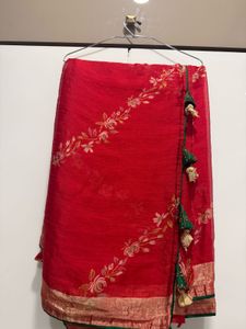 Elegant Red Saree with Embroidered Blouse