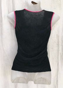 Black Sleeveless Top with Pink Flower Design