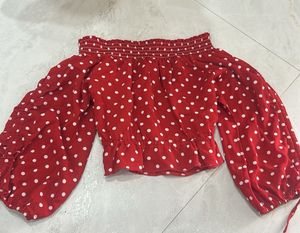 Red polka dot top with pull up sleeves