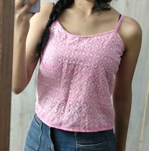 Pink Embroidered Spaghetti Strap Blouse