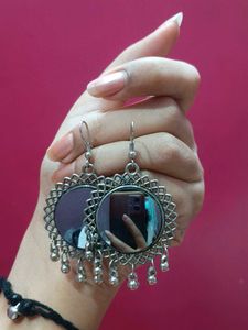 Oxidized Mirror Work Dangle Earrings