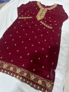 Elegant Maroon Embroidered Kurta sharara Set