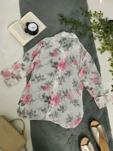 Sheer Floral Button-Up Blouse