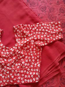 Elegant Red Saree with Printed Blouse