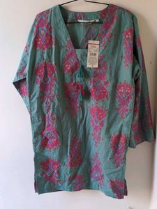 Teal Floral Print Tassel Kurta