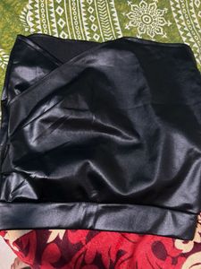 Black Ruched Faux Leather Skirt