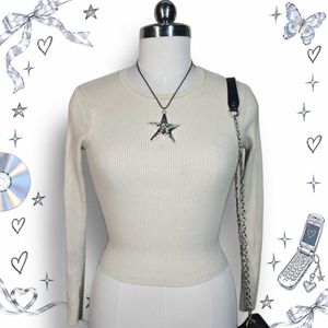 Zara Cream Ribbed Long Sleeve Top