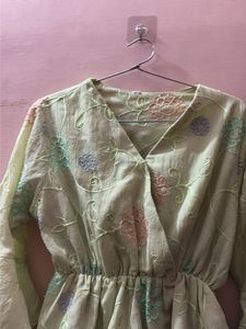 Light Green Embroidered Bell Sleeve Top