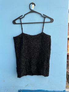 Cozy Black Fuzzy Spaghetti Strap Top