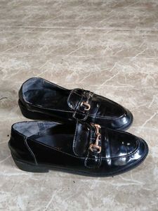 Black Patent Loafers with Gold Buckle