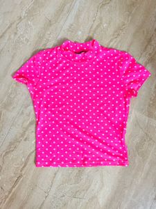 Hot Pink Polka Dot Mock Neck Top