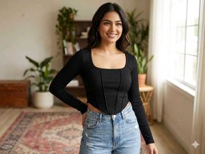 Chic Black Ribbed Square Neck Top