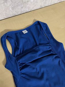 Blue Ruched Square Neck Tank Top